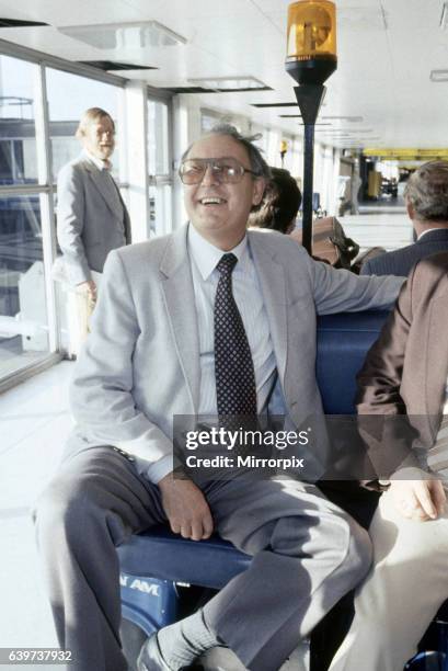 Freddie Laker pictured arriving at Heathrow airport, London. 22nd November 1982.