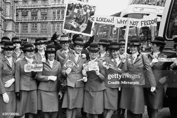 Thousands of Laker Airways employees arrived in London for a demonstration in support of their boss Sir Freddie Laker, after the company went bust....