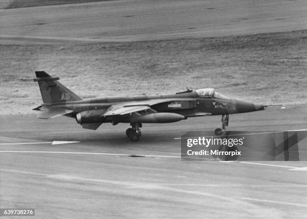 Anglo-French SEPECAT Jaguar, ground attack aircraft, lands at Newcastle Airport. The pilot, flight-lieutenant Michael Hetherington, arrived after...