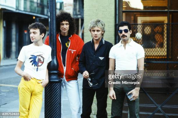 Queen, the rock band Freddie Mercury, Brian May, Roger Taylor and John Deacon seen here in New Orleans, USA. They are rehearsing for their...