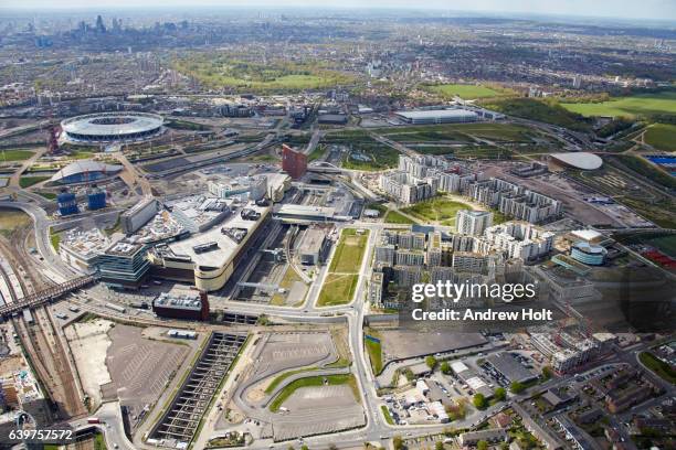 aerial photography view north-west of queen elizabeth olympic park. e15 e20 london uk. - olympic park london stock pictures, royalty-free photos & images