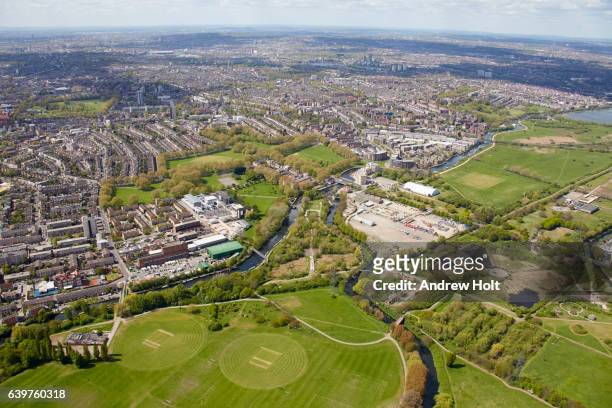 aerial photography view north-west of lee valley park, river lea and hackney. london e5 uk. - hackney london stock pictures, royalty-free photos & images