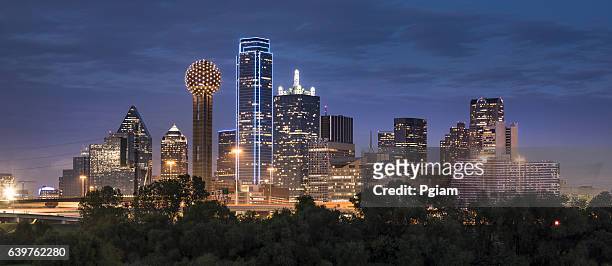 dallas texas skyline and reunion tower panoramic - texas stock pictures, royalty-free photos & images