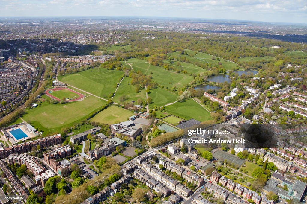 Aerial photgraphy view west of Parliament Hill. London NW5 UK.