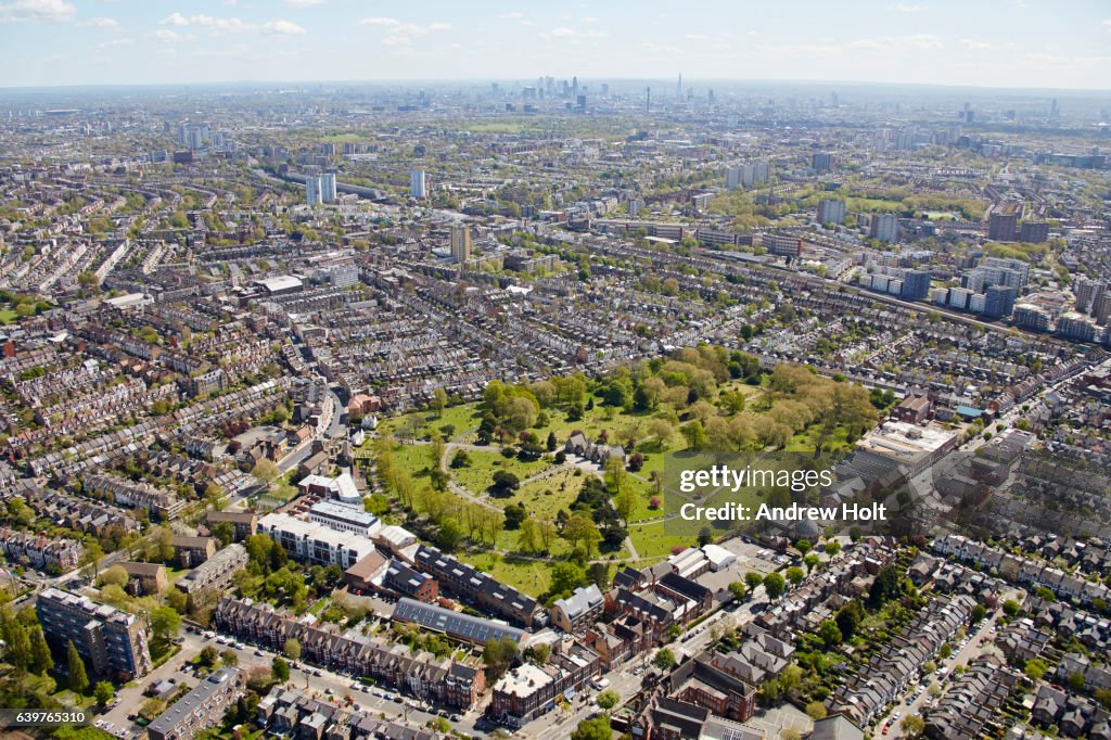 Aerial photography view east of Willesden Lane Cemetery, Kilburn. London NW6 7SD UK.