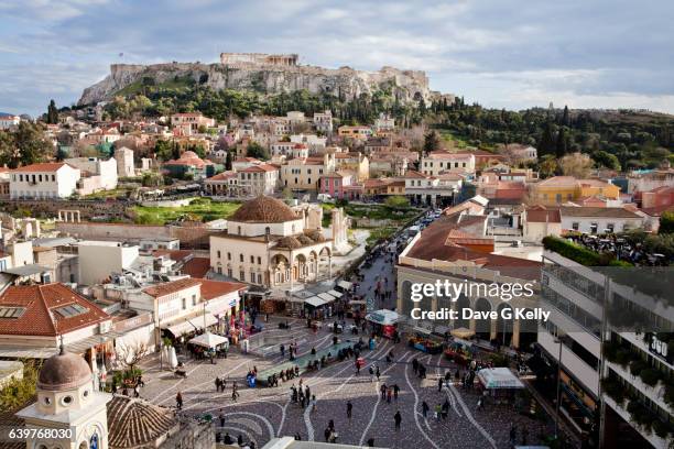 monastiraki square and acropolis. athens, greece - athens - greece stock pictures, royalty-free photos & images