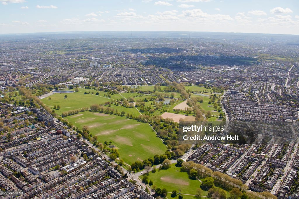 Aerial photography view east of Clapham Common. London SW4 9DE UK.
