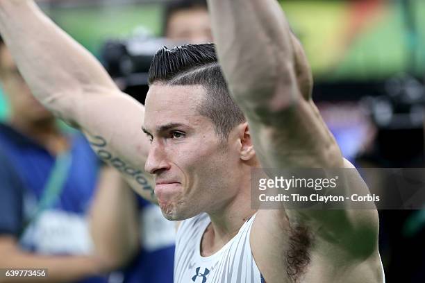 Gymnastics - Olympics: Day 9 Alexander Naddour of the United States celebrates after performing his routine in the Men's Pommel Horse Final which won...