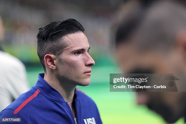 Gymnastics - Olympics: Day 9 Alexander Naddour of the United States reacts after the final results are confirmed in the Men's Pommel Horse Final...