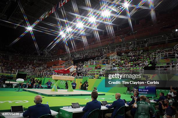 Gymnastics - Olympics: Day 9 Alexander Naddour of the United States performs his routine in the Men's Pommel Horse Final which won him the bronze...