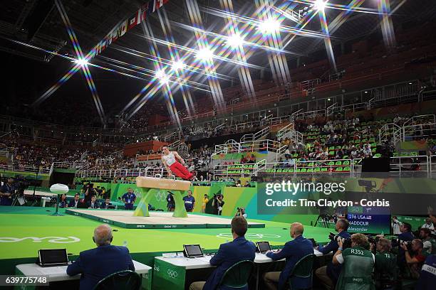 Gymnastics - Olympics: Day 9 Alexander Naddour of the United States performs his routine in the Men's Pommel Horse Final which won him the bronze...