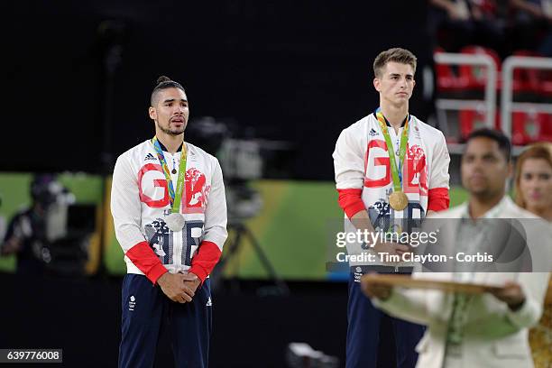 Gymnastics - Olympics: Day 9 Louis Smith of Great Britain, in tears on the podium after winning the silver medal in the Men's Pommel Horse Final with...