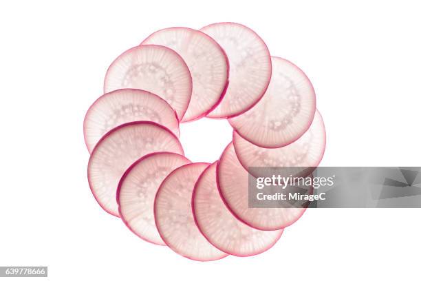 radish slices circle loop on white background - turnip stock pictures, royalty-free photos & images