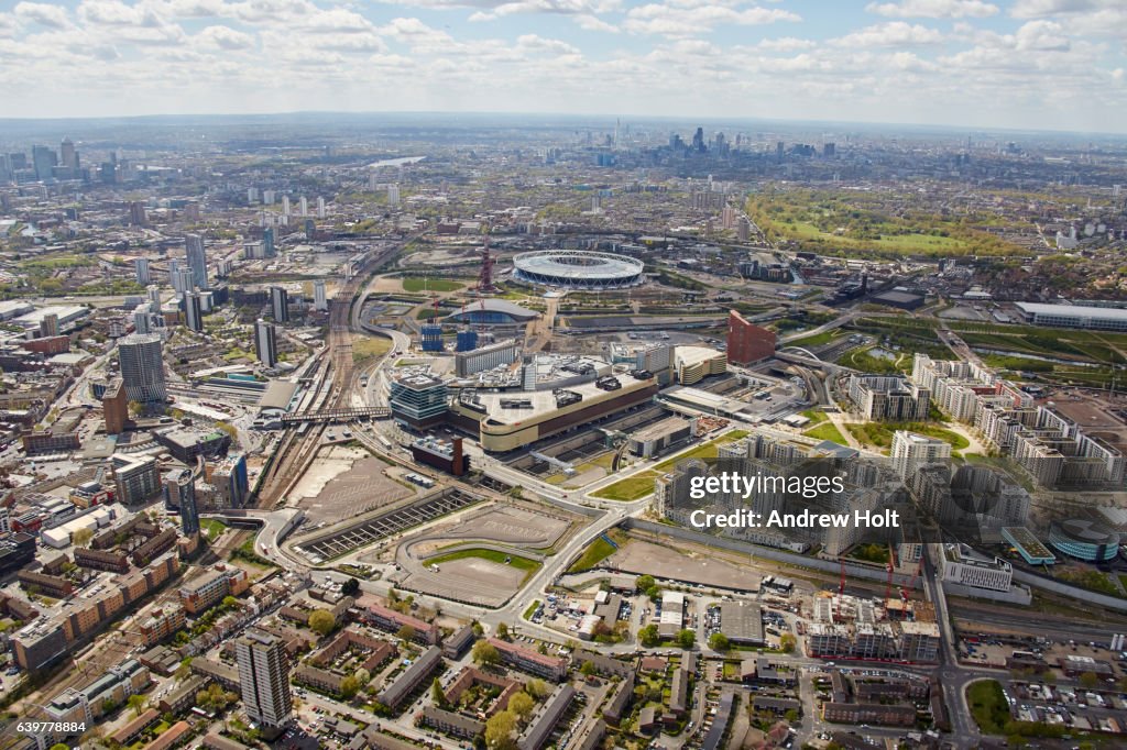 Aerial photography view south-west of Olympic Park.  E15 E20  London UK.