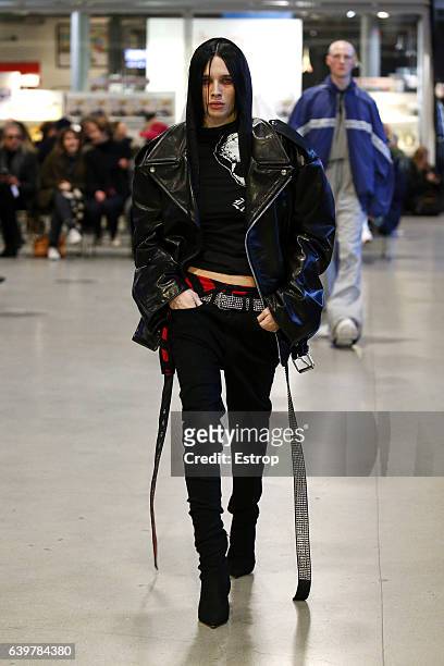 Model walks the runway during the Vetements designed by Demna Gvasalia Spring Summer 2017 show as part of Paris Fashion Week on January 24, 2017 in...