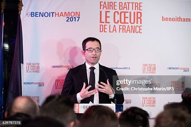 Candidate for the 2017 French Presidential Election Benoit Hamon delivers a speech after the results of the first round of the Primary Election of...