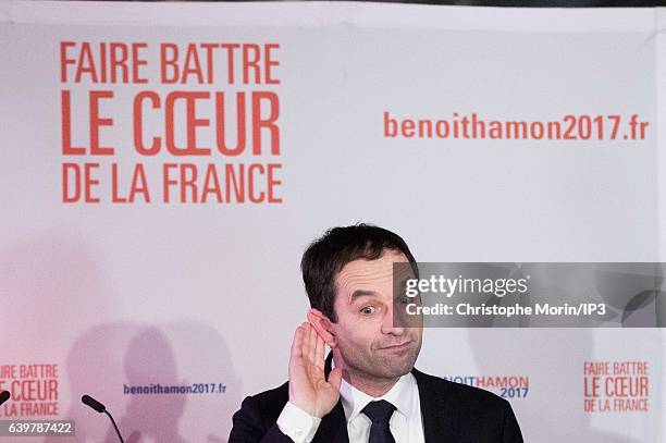 Candidate for the 2017 French Presidential Election Benoit Hamon delivers a speech after the results of the first round of the Primary Election of...