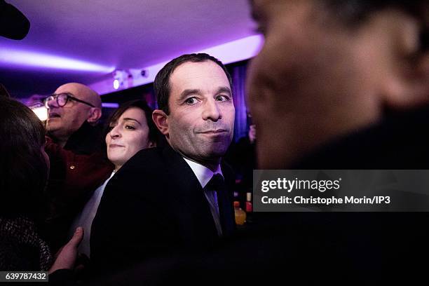 Candidate for the 2017 French Presidential Election Benoit Hamon celebrates his victory with his supporters after the announcement of the results of...