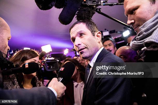 Candidate for the 2017 French Presidential Election Benoit Hamon speaks to the media after the announcement of the results of the first round of the...