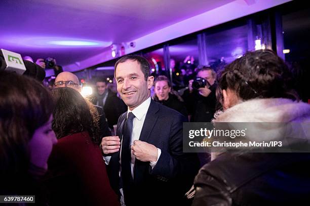 Candidate for the 2017 French Presidential Election Benoit Hamon celebrates his victory with his supporters after the announcement of the results of...