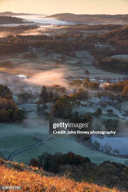 loughrigg fell view south towards coniston at sunrise. south lake district. england, uk. - loughrigg fell stock pictures, royalty-free photos & images