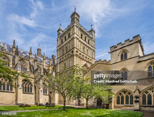 exeter cathedral gardens and south tower - exeter cathedral stock pictures, royalty-free photos & images