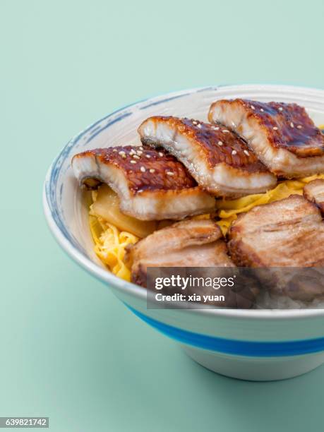 grilled unagi and char siu over rice in bowl - char siu pork stock pictures, royalty-free photos & images