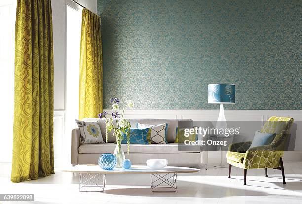 home interior of a contemporary living room with furniture - cushion imagens e fotografias de stock