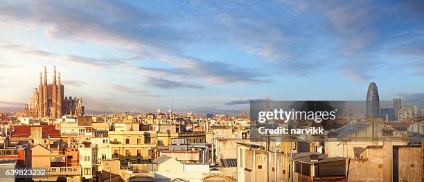 panoramic view of barcelona with sagrada familia - barcelona skyline stock pictures, royalty-free photos & images
