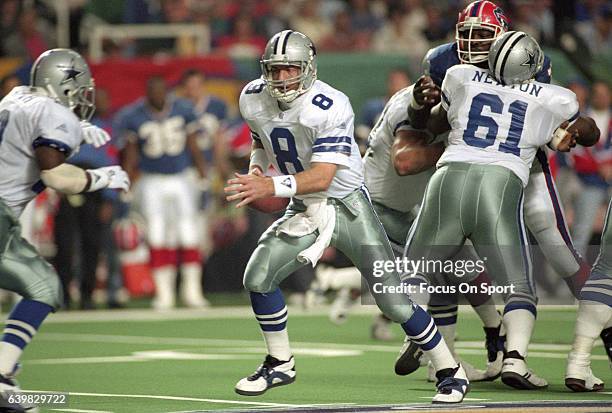 Troy Aikman of the Dallas Cowboys in action against the Buffalo Bills during Super Bowl XXVIII on January 30, 1994 at the Georgia Dome in Atlanta,...