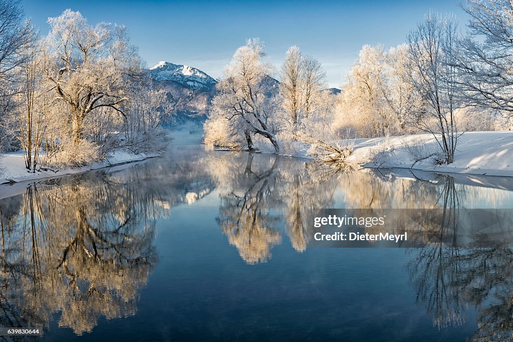 River Loisach entering Lake Kochel in Winter