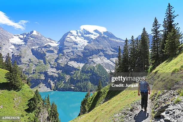 homme randonnée dans les montagnes suisses en été - lac-oeschinensee photos et images de collection