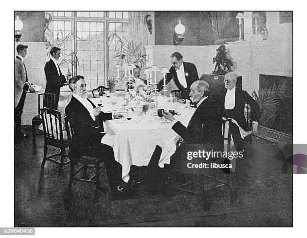 antique dotprinted photograph of painting: formal dinner - lunch black and white stock illustrations