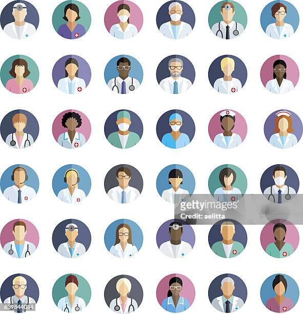 medical staff - set of flat round icons. - female doctor with mask stock illustrations