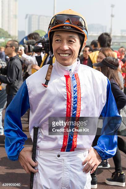 Japanese racing legend Yutaka Take participates the International Mixed Doubles Jockeys Challenge at the Taipa Racecourse on January 21, 2017 in...