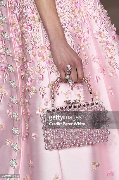 Model, bag detail, walks the runway during the Georges Hobeika Spring Summer 2017 show as part of Paris Fashion Week on January 23, 2017 in Paris,...