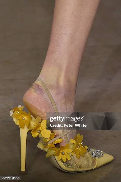Model, shoe detail, walks the runway during the Georges Hobeika Spring Summer 2017 show as part of Paris Fashion Week on January 23, 2017 in Paris,...