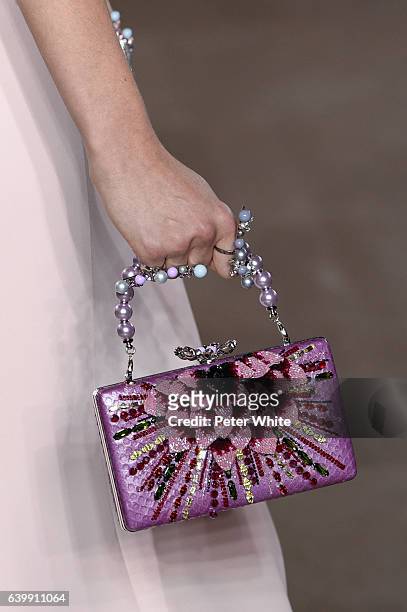 Model, bag detail, walks the runway during the Georges Hobeika Spring Summer 2017 show as part of Paris Fashion Week on January 23, 2017 in Paris,...