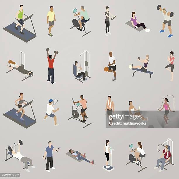 ilustrações de stock, clip art, desenhos animados e ícones de gym people working out icon set - bicicleta ergométrica