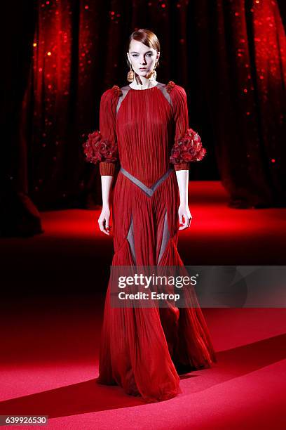 Model walks the runway during the Ulyana Sergeenk Spring Summer 2017 show as part of Paris Fashion Week on January 25, 2017 in Paris, France.