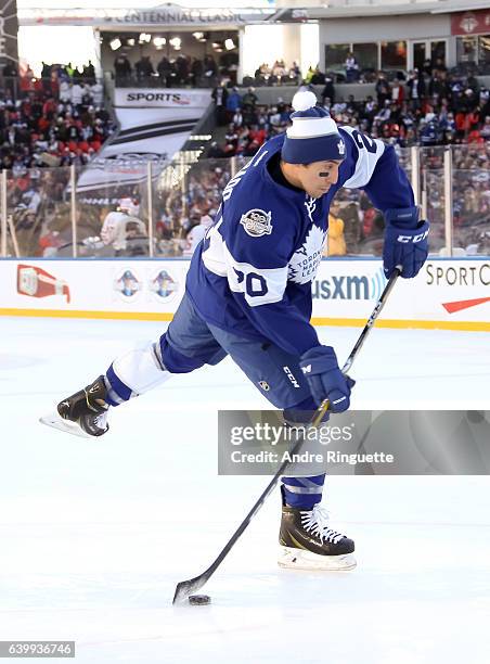 Frank Corrado of the Toronto Maple Leafs warms up during the 2017 Scotiabank NHL Centennial Classic at Exhibition Stadium on January 1, 2017 in...