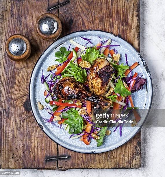 roasted chicken with fresh salad - paleo diet stock pictures, royalty-free photos & images
