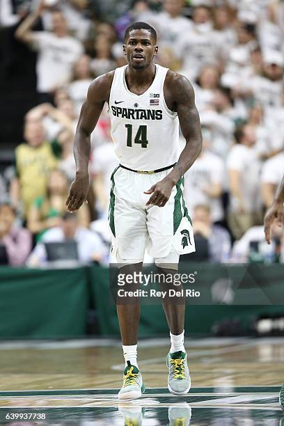 Eron Harris of the Michigan State Spartans during game action in the first half against the Purdue Boilermakers at the Breslin Center on January 24,...
