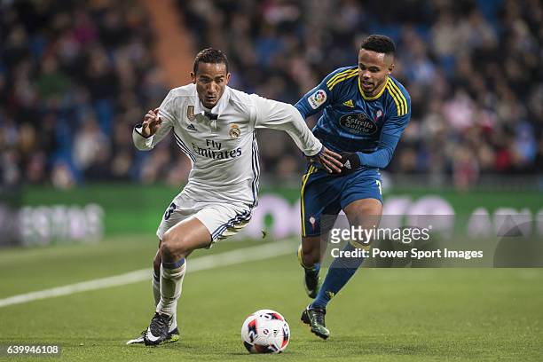 Danilo Luiz Da Silva of Real Madrid battles for the ball with Theo Bongonda Mbul’ofeko Batombo of Celta de Vigo during their Copa del Rey 2016-17...