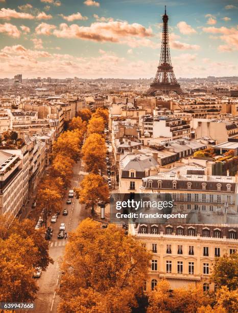 tour eiffel tower aerial view - paris autumn stock pictures, royalty-free photos & images