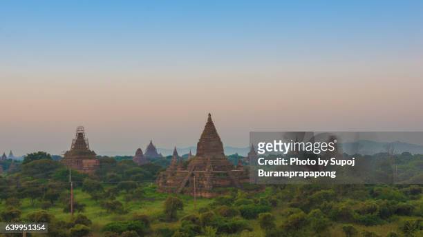 bagan the land of thousand pagoda in the morning sunrise - bagan temples damaged in myanmar earthquake stock pictures, royalty-free photos & images