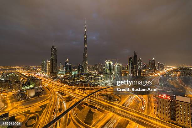 The aerial view of Sheikh Zayed Road at Sunset on January 29, 2016 in Dubai, United Arab Emirates.