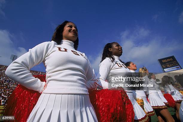 General view of the Southern California Trojans Cheerleaders during the game against the Kansas State Wildcats at the Coliseum in Los Angeles,...