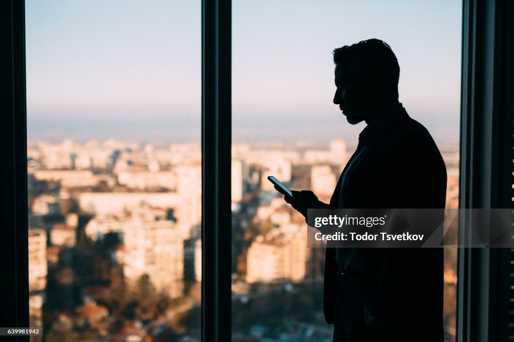 Businessman Texting At The Window