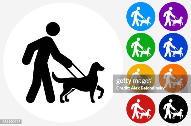 stick figure walking dog icon on flat color circle buttons - dog walker stock illustrations